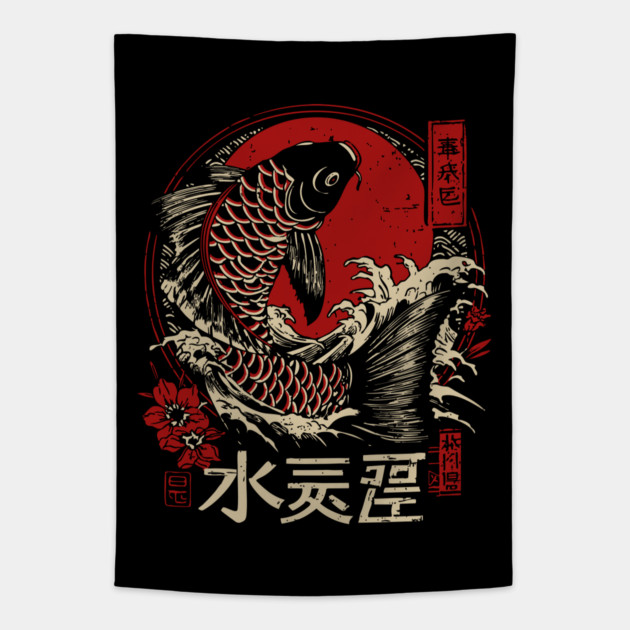 Aquarius Zodiac Koi Leaping Through Waves Tapestry by TuncGK