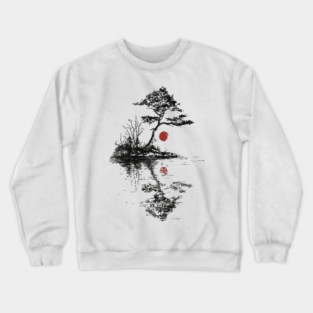 Tranquil Tree with Red Suns – Zen Nature Art Crewneck Sweatshirt
