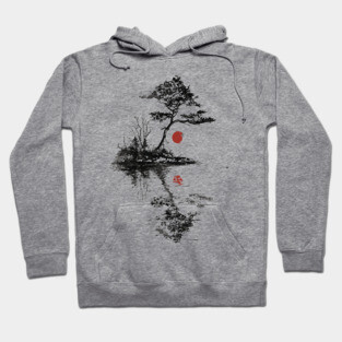 Tranquil Tree with Red Suns – Zen Nature Art Hoodie