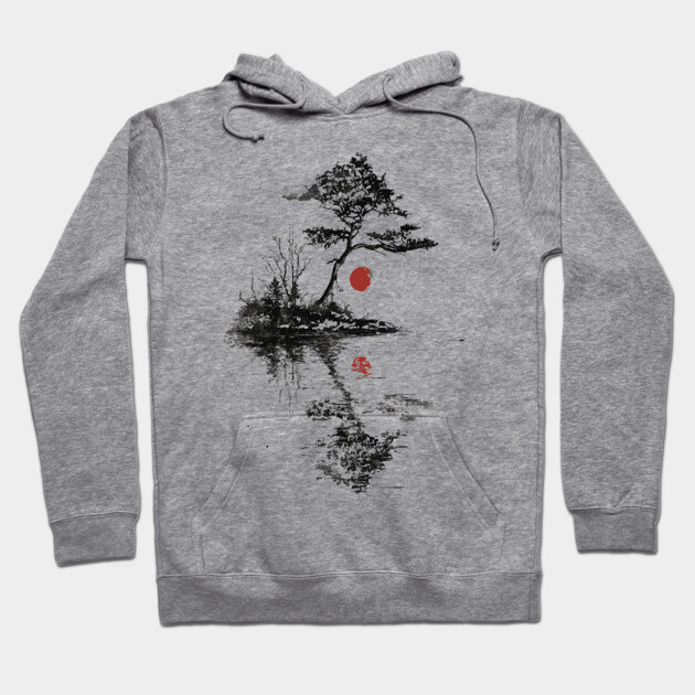 Tranquil Tree with Red Suns – Zen Nature Art Hoodie by TuncGK