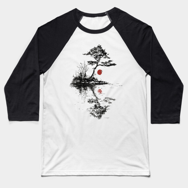 Tranquil Tree with Red Suns – Zen Nature Art Baseball T-Shirt by TuncGK