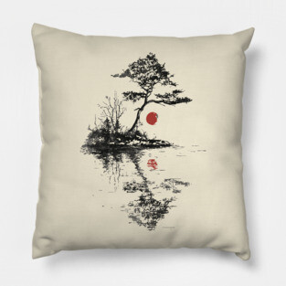 Tranquil Tree with Red Suns – Zen Nature Art Pillow