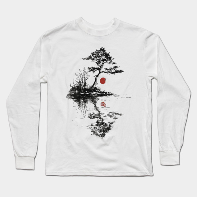Tranquil Tree with Red Suns – Zen Nature Art Long Sleeve T-Shirt by TuncGK