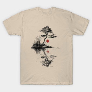 Tranquil Tree with Red Suns – Zen Nature Art T-Shirt