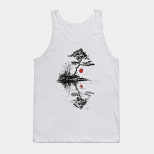 Tranquil Tree with Red Suns – Zen Nature Art Tank Top