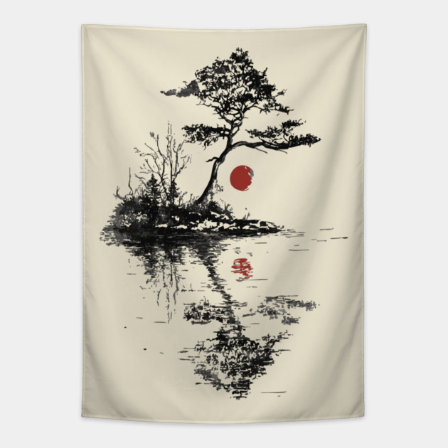 Tranquil Tree with Red Suns – Zen Nature Art Tapestry by TuncGK