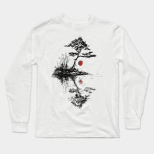 Tranquil Tree with Red Suns – Zen Nature Art Long Sleeve T-Shirt