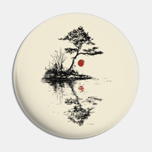 Tranquil Tree with Red Suns – Zen Nature Art Pin