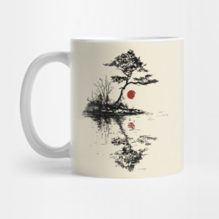 Tranquil Tree with Red Suns – Zen Nature Art Mug