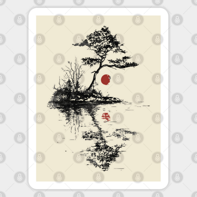 Tranquil Tree with Red Suns – Zen Nature Art Sticker by TuncGK