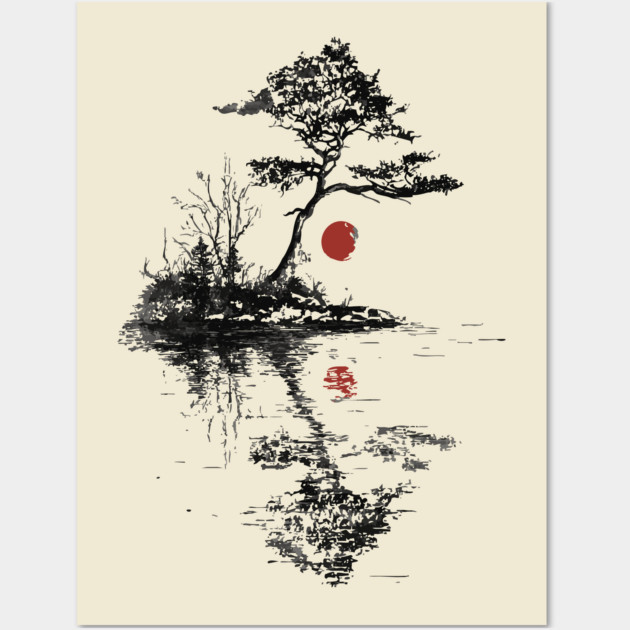 Tranquil Tree with Red Suns – Zen Nature Art Wall Art by TuncGK