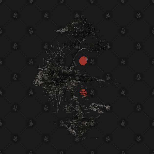 Tranquil Tree with Red Suns – Zen Nature Art by TuncGK