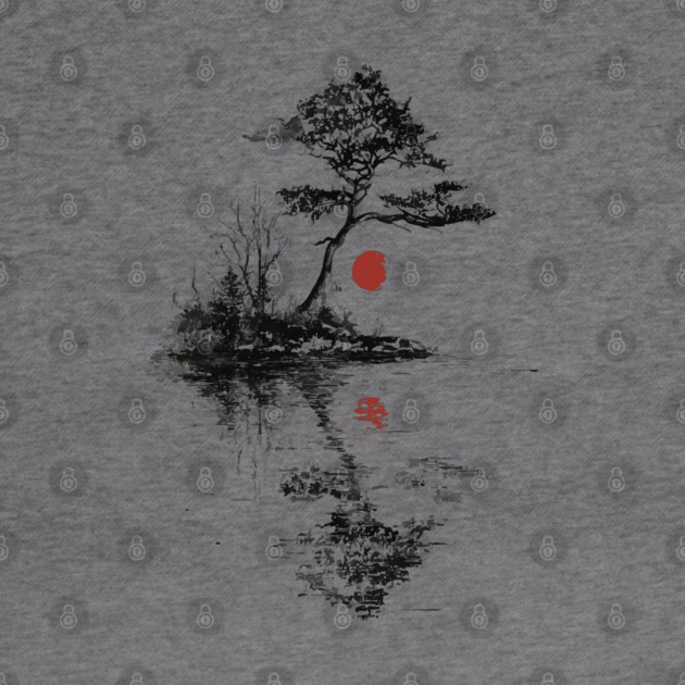 Tranquil Tree with Red Suns – Zen Nature Art by TuncGK