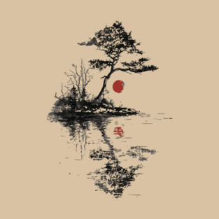 Tranquil Tree with Red Suns – Zen Nature Art T-Shirt