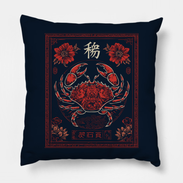 Cancer Zodiac Crab with Blossoms – Japanese Floral Style Pillow by TuncGK