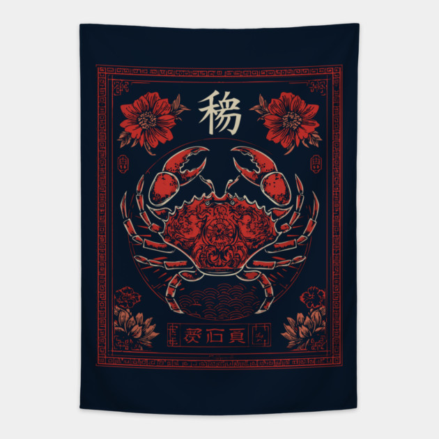 Cancer Zodiac Crab with Blossoms – Japanese Floral Style Tapestry by TuncGK