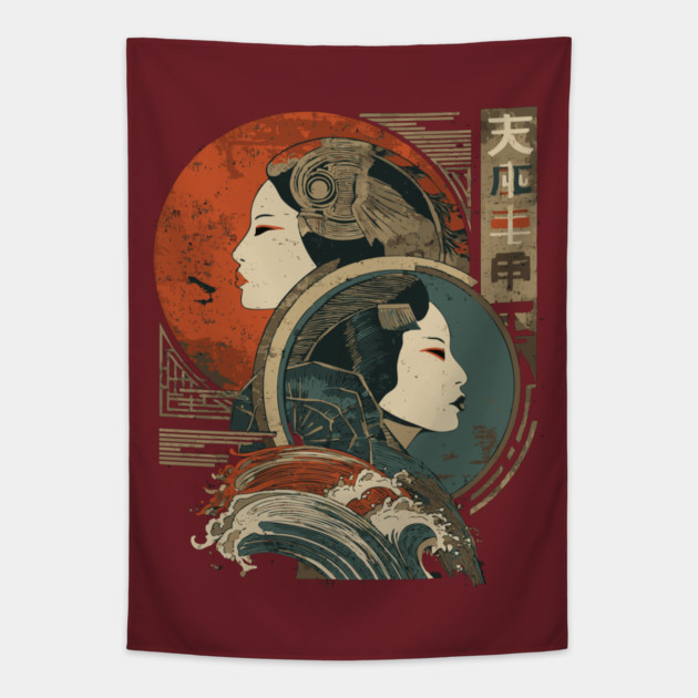 Gemini Zodiac with Duality Faces – Japanese Fusion Tapestry by TuncGK