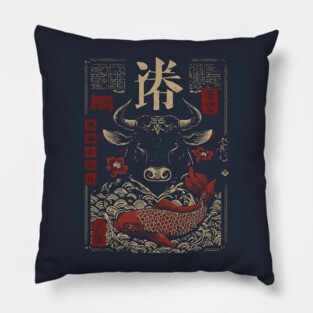 Taurus Zodiac Bull with Koi Motif Pillow