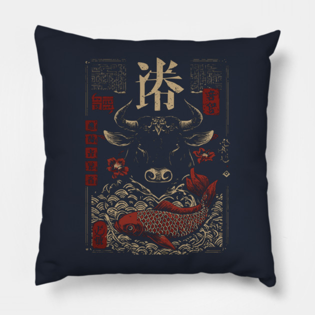 Taurus Zodiac Bull with Koi Motif Pillow by TuncGK