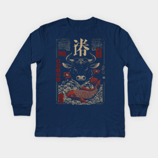 Taurus Zodiac Bull with Koi Motif Kids Long Sleeve T-Shirt