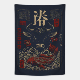Taurus Zodiac Bull with Koi Motif Tapestry