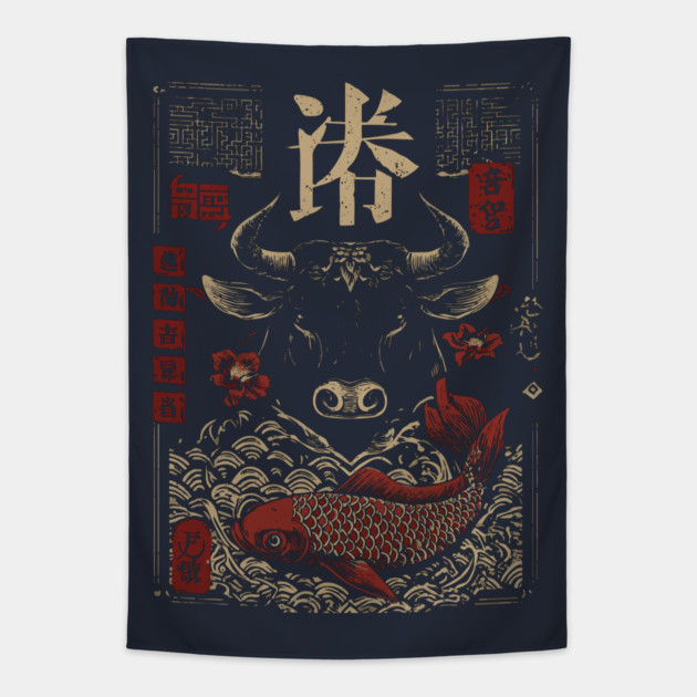 Taurus Zodiac Bull with Koi Motif Tapestry by TuncGK
