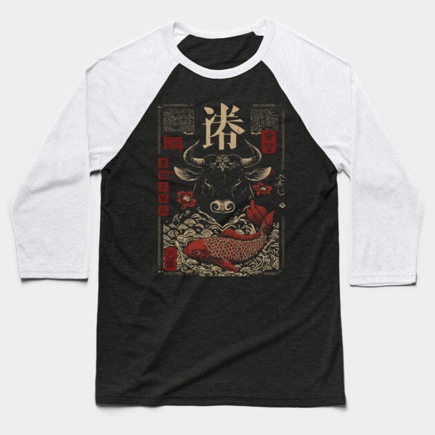 Taurus Zodiac Bull with Koi Motif Baseball T-Shirt by TuncGK