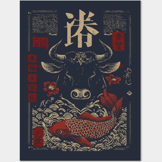 Taurus Zodiac Bull with Koi Motif Wall Art by TuncGK