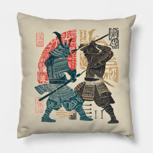 Abstract Samurai Duel in Retro Japanese Ink Style Pillow