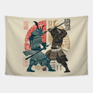 Abstract Samurai Duel in Retro Japanese Ink Style Tapestry