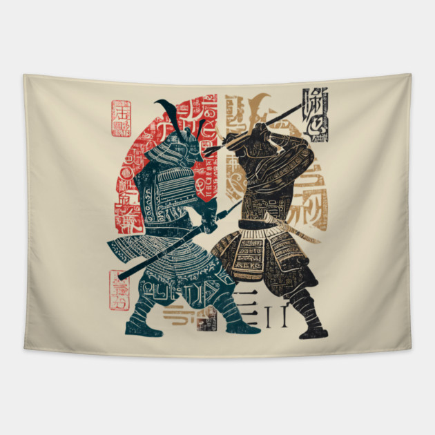 Abstract Samurai Duel in Retro Japanese Ink Style Tapestry by TuncGK