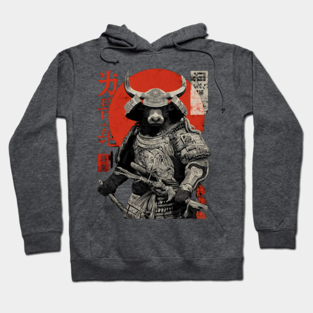 Bull Warrior with Katana – Ukiyo-e Style Strength Hoodie by TuncGK