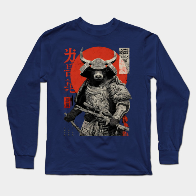 Bull Warrior with Katana – Ukiyo-e Style Strength Long Sleeve T-Shirt by TuncGK