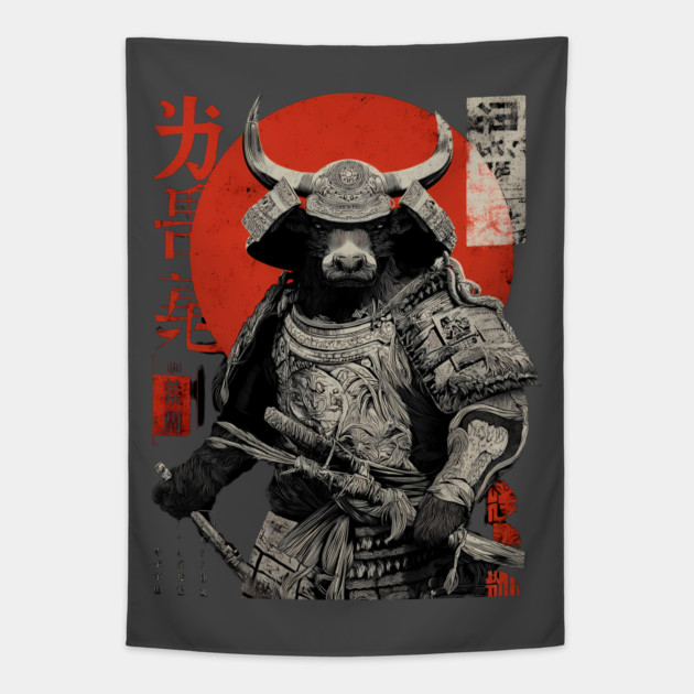 Bull Warrior with Katana – Ukiyo-e Style Strength Tapestry by TuncGK