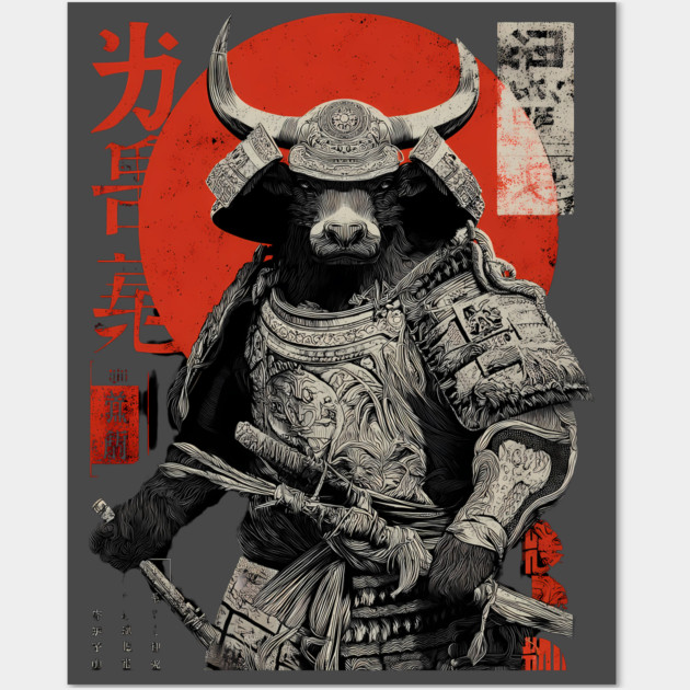 Bull Warrior with Katana – Ukiyo-e Style Strength Wall Art by TuncGK