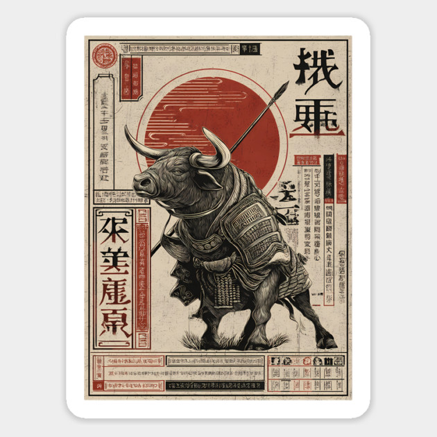 Lone Bull Ronin in Traditional Japanese Ink Magnet by TuncGK