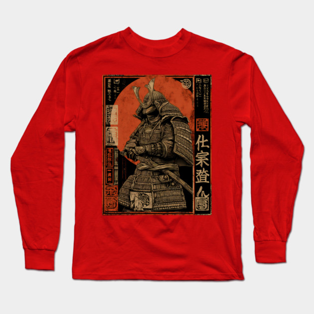 Faceless Samurai in Deep Red Sumi-e Brush Style Long Sleeve T-Shirt by TuncGK