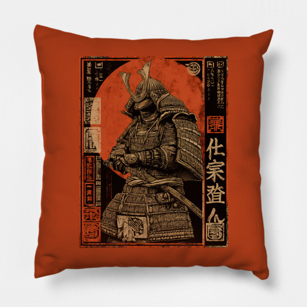 Faceless Samurai in Deep Red Sumi-e Brush Style Pillow by TuncGK