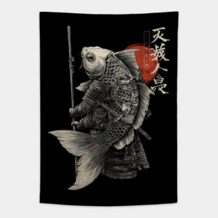 Fish Monk Warrior in Japanese Zen Brush Style Tapestry