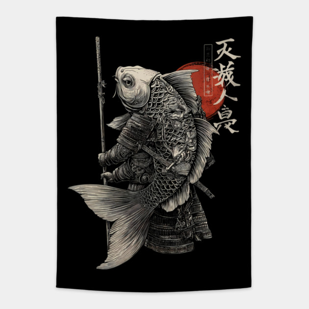 Fish Monk Warrior in Japanese Zen Brush Style Tapestry by TuncGK