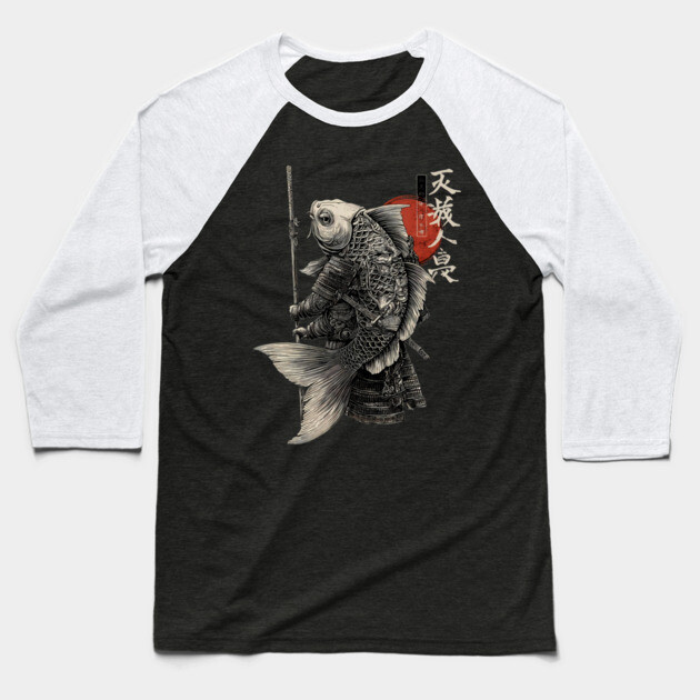 Fish Monk Warrior in Japanese Zen Brush Style Baseball T-Shirt by TuncGK