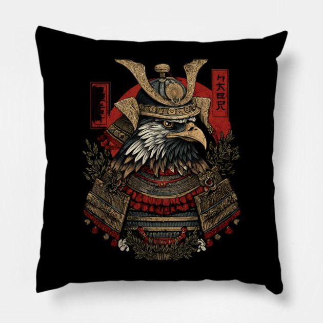 Regal Hawk in Kabuto Armor – Japanese Brush Style Pillow by TuncGK
