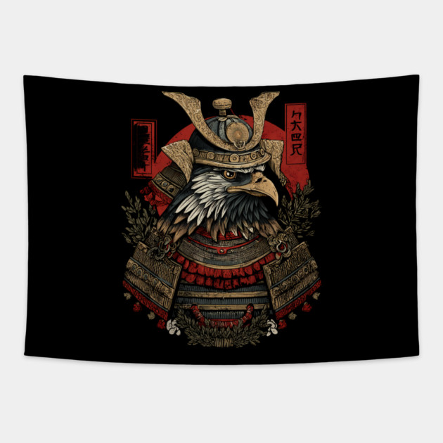 Regal Hawk in Kabuto Armor – Japanese Brush Style Tapestry by TuncGK