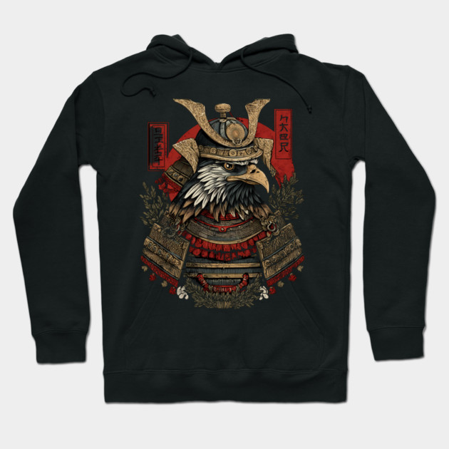 Regal Hawk in Kabuto Armor – Japanese Brush Style Hoodie by TuncGK