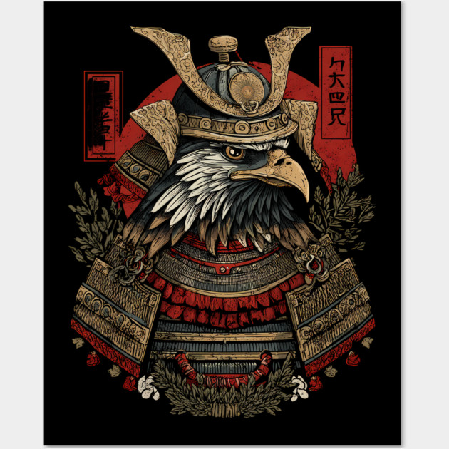 Regal Hawk in Kabuto Armor – Japanese Brush Style Wall Art by TuncGK