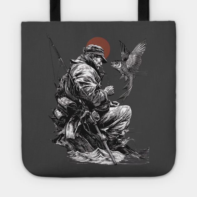 Old Fisher with Talking Fish – Zen Ink Tale Tote by TuncGK
