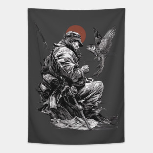 Old Fisher with Talking Fish – Zen Ink Tale Tapestry