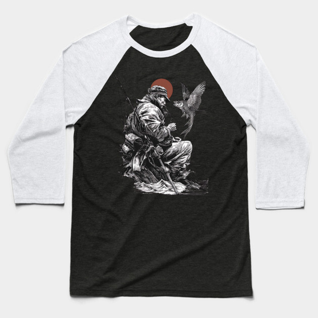 Old Fisher with Talking Fish – Zen Ink Tale Baseball T-Shirt by TuncGK