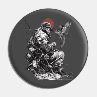 Old Fisher with Talking Fish – Zen Ink Tale Pin