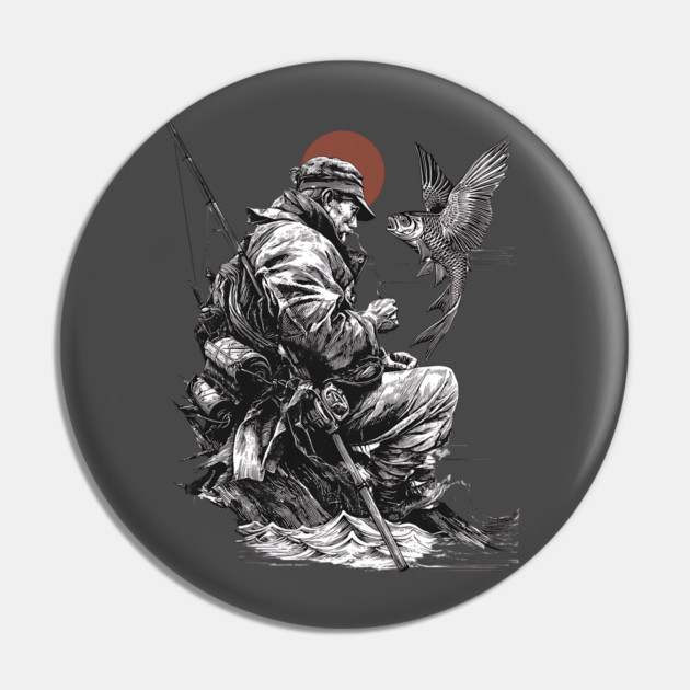 Old Fisher with Talking Fish – Zen Ink Tale Pin by TuncGK